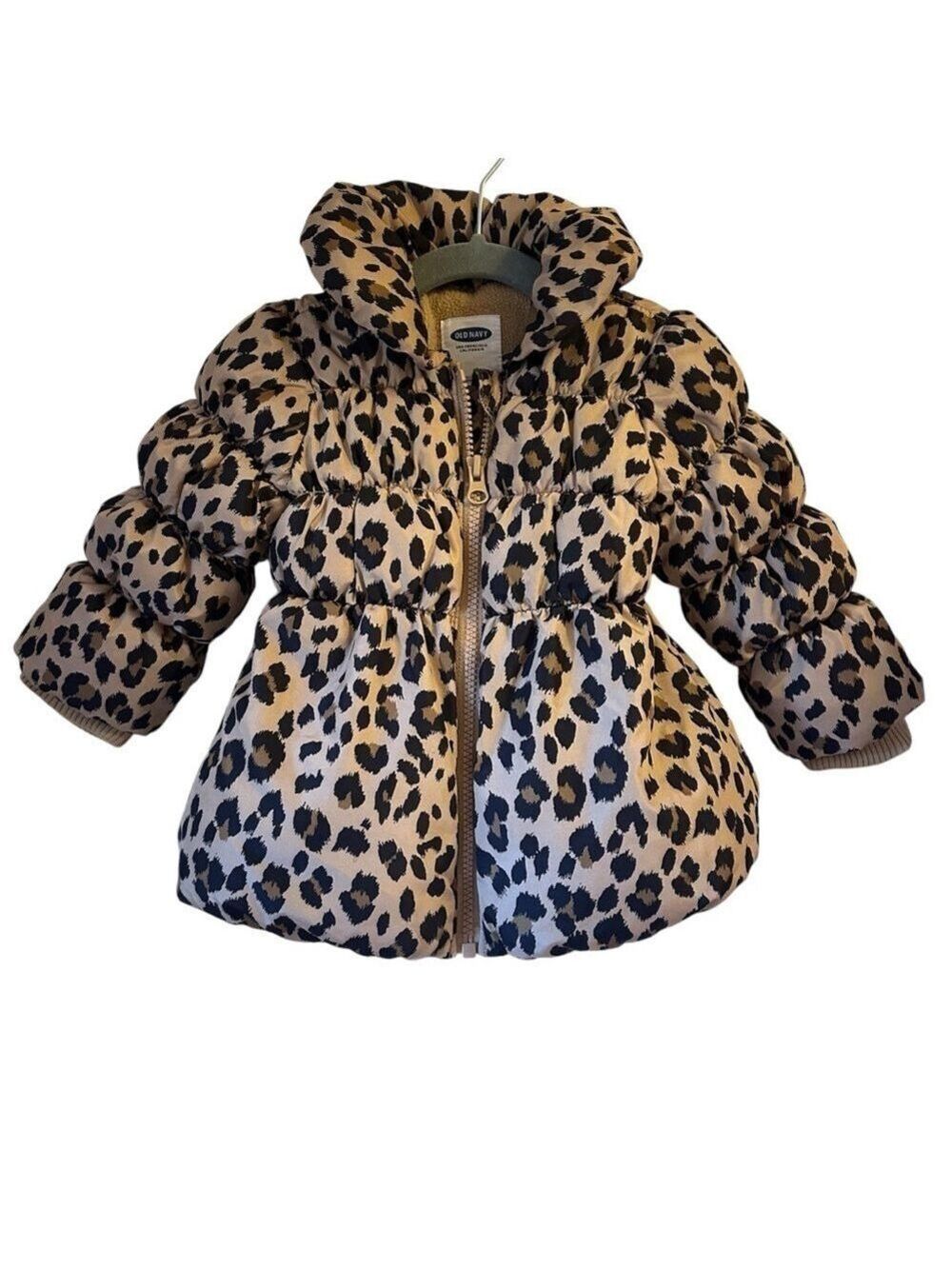Old Navy Leopard Animal Print Baby Girl Puffer Fleece Lined Warm Puffer Jacket